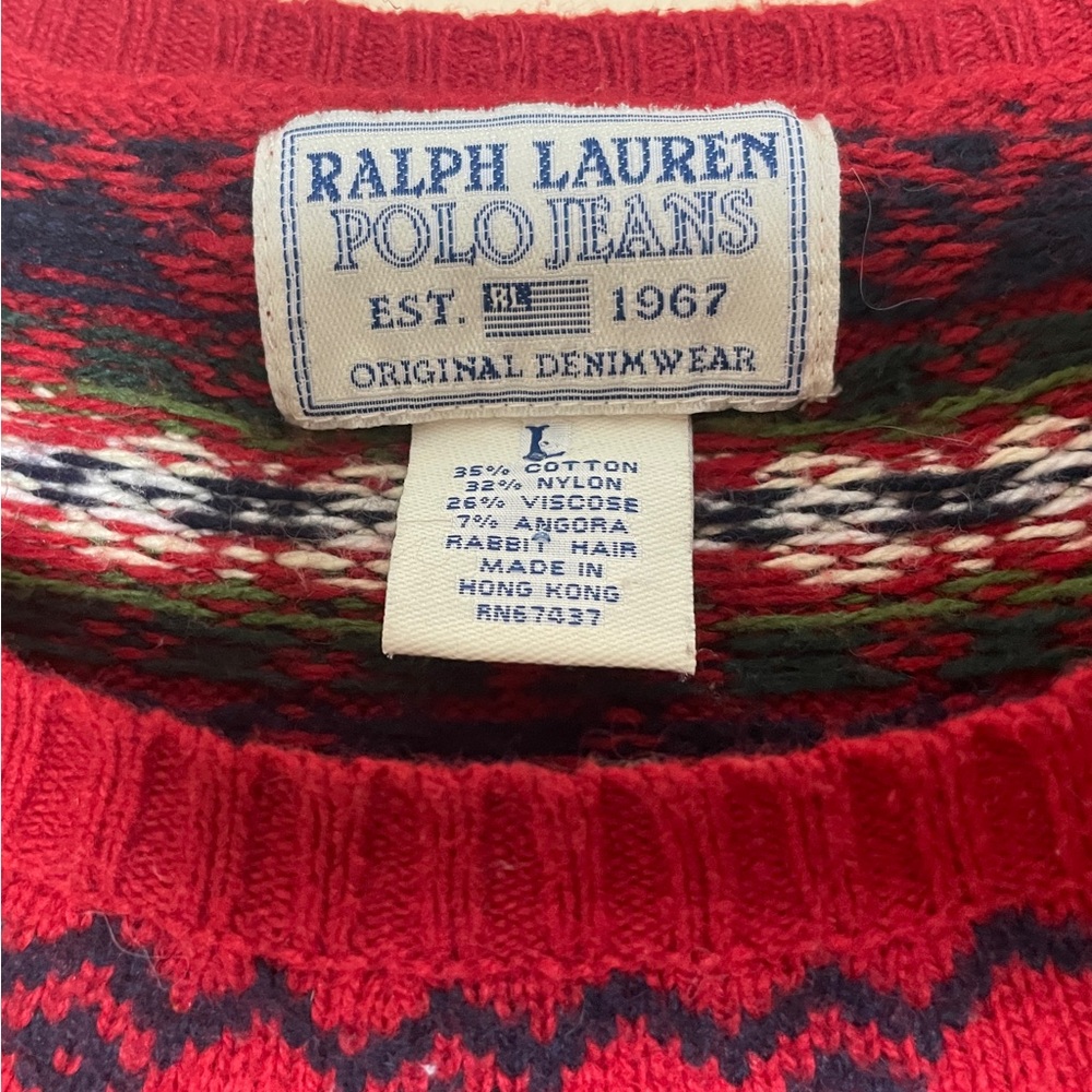 Vintage Ralph Lauren Polo Jeans Sweater Women's Large Red Fair Isle Angora Blend - Picture 5 of 10